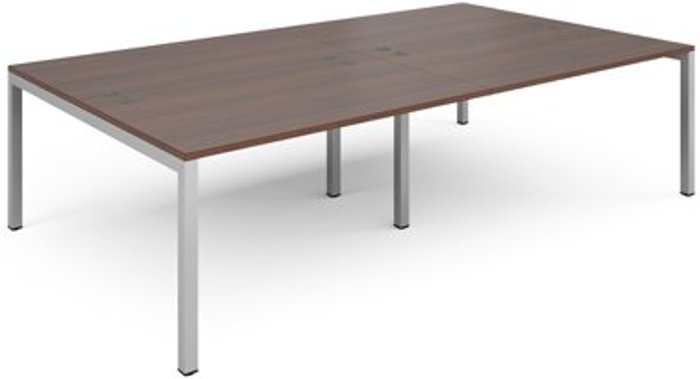 Office Monster | Connex Bench Desk | 4 Person Rectangular Desks 2800mm | Walnut Tops With Silver Frames | 1600mm Depth | Connex Connex Bench Desk | 4 Person Rectangular Desks 2800mm | Walnut Tops With Silver Frames | 1600mm Depth | Connex