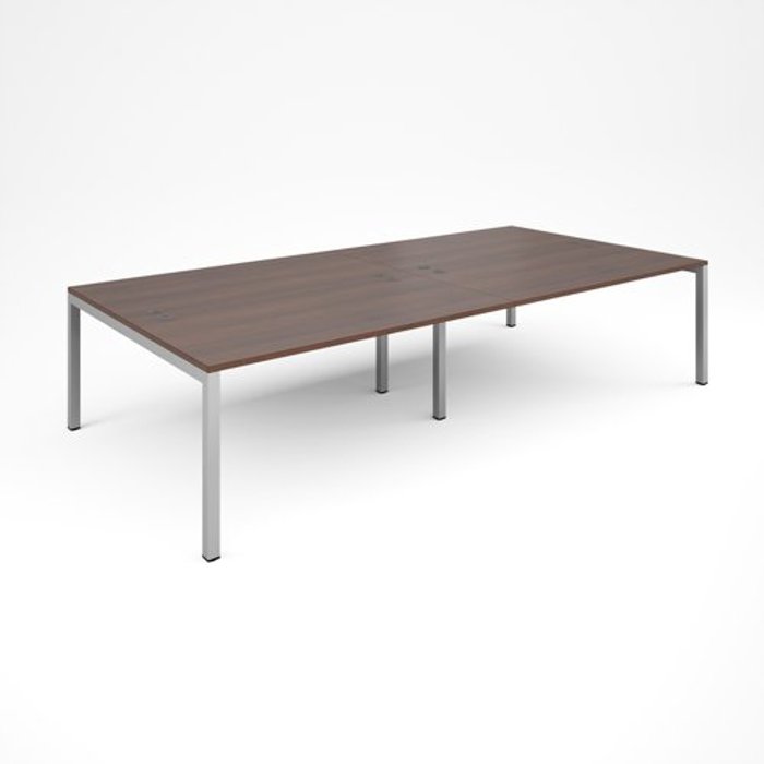 Office Monster | Connex Bench Desk | 4 Person Rectangular Desks 3200mm | Walnut Tops With Silver Frames | 1600mm Depth | Connex Connex Bench Desk | 4 Person Rectangular Desks 3200mm | Walnut Tops With Silver Frames | 1600mm Depth | Connex