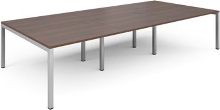 Office Monster | Connex Bench Desk | 6 Person Rectangular Desks 3600mm | Walnut Tops With Silver Frames | 1600mm Depth | Connex Connex Bench Desk | 6 Person Rectangular Desks 3600mm | Walnut Tops With Silver Frames | 1600mm Depth | Connex