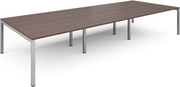 Office Monster | Connex Bench Desk | 6 Person Rectangular Desks 4200mm | Walnut Tops With Silver Frames | 1600mm Depth | Connex Connex Bench Desk | 6 Person Rectangular Desks 4200mm | Walnut Tops With Silver Frames | 1600mm Depth | Connex