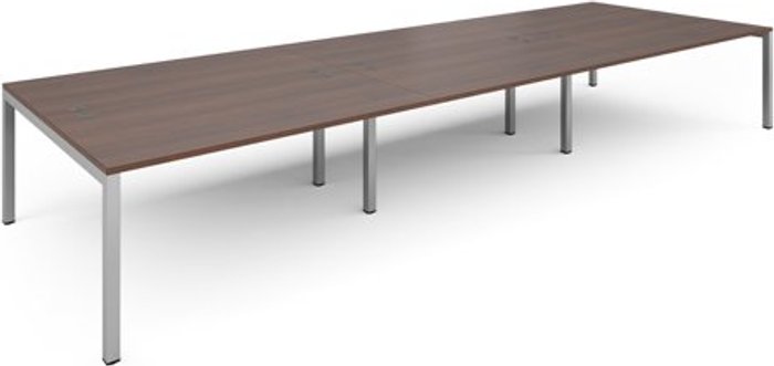 Office Monster | Connex Bench Desk | 6 Person Rectangular Desks 4800mm | Walnut Tops With Silver Frames | 1600mm Depth | Connex Connex Bench Desk | 6 Person Rectangular Desks 4800mm | Walnut Tops With Silver Frames | 1600mm Depth | Connex