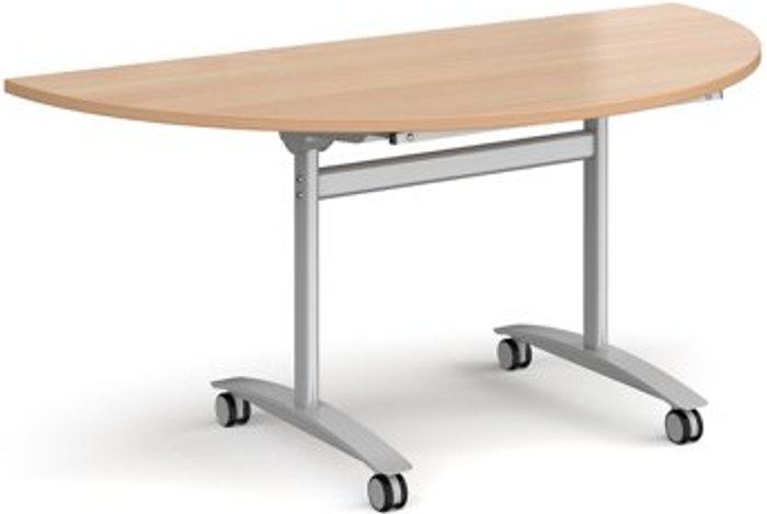 Office Monster | Dams Semi circular deluxe fliptop meeting table with silver frame 1600mm x 800mm - beech Dams Semi circular deluxe fliptop meeting table with silver frame 1600mm x 800mm - beech