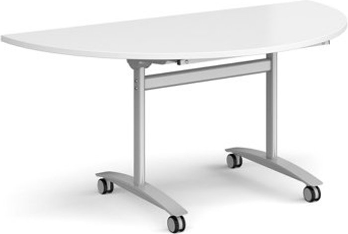 Office Monster | Dams Semi circular deluxe fliptop meeting table with silver frame 1600mm x 800mm - white Dams Semi circular deluxe fliptop meeting table with silver frame 1600mm x 800mm - white