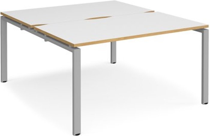 Office Monster | Adapt Bench Desk | 2 Person Starter Rectangular Desks 1400mm | White/Oak Tops With Silver Frames | 1600mm Depth | Adapt Adapt Bench Desk | 2 Person Starter Rectangular Desks 1400mm | White/Oak Tops With Silver Frames | 1600mm Depth | Adapt