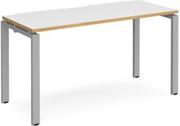Office Monster | Adapt Bench Desk | Single Person Starter Rectangular Desk 1400mm | White/Oak Tops With Silver Frames | 600mm Depth | Adapt Adapt Bench Desk | Single Person Starter Rectangular Desk 1400mm | White/Oak Tops With Silver Frames | 600mm Depth | Adapt