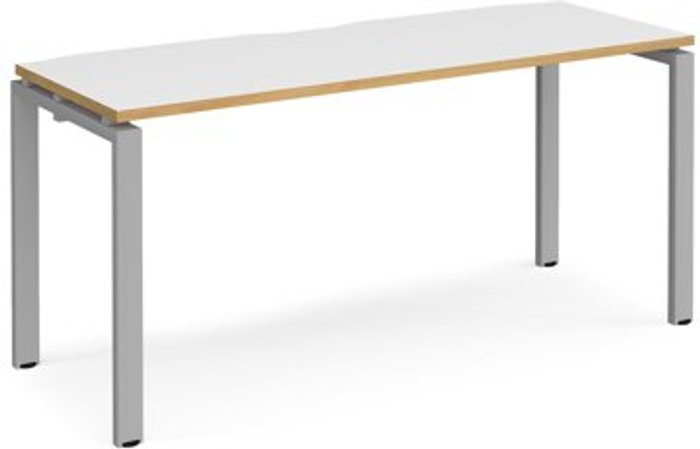 Office Monster | Adapt Bench Desk | Single Person Starter Rectangular Desk 1600mm | White/Oak Tops With Silver Frames | 600mm Depth | Adapt Adapt Bench Desk | Single Person Starter Rectangular Desk 1600mm | White/Oak Tops With Silver Frames | 600mm Depth | Adapt
