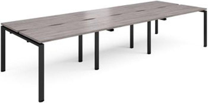Office Monster | Adapt Adapt triple back to back desks 3600mm x 1200mm - black frame, grey oak top Adapt Adapt triple back to back desks 3600mm x 1200mm - black frame, grey oak top