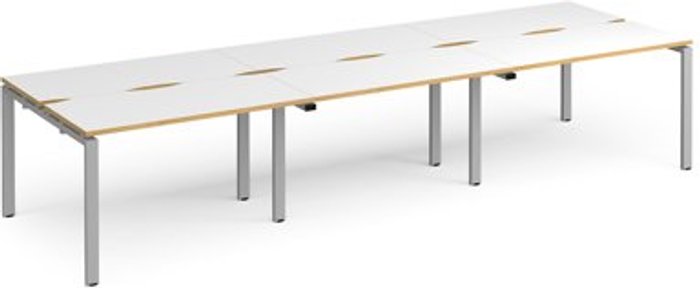 Office Monster | Adapt Bench Desk | 6 Person Rectangular Desks 3600mm | White/Oak Tops With Silver Frames | 1200mm Depth | Adapt Adapt Bench Desk | 6 Person Rectangular Desks 3600mm | White/Oak Tops With Silver Frames | 1200mm Depth | Adapt
