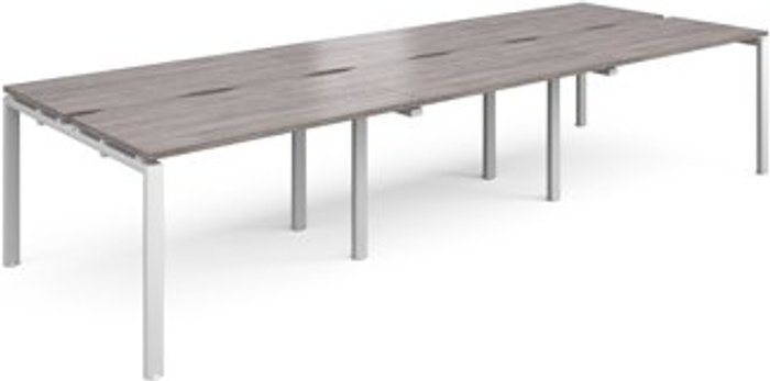 Office Monster | Adapt Adapt triple back to back desks 3600mm x 1200mm - white frame, grey oak top Adapt Adapt triple back to back desks 3600mm x 1200mm - white frame, grey oak top
