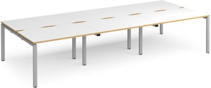 Office Monster | Adapt Bench Desk | 6 Person Rectangular Desks 3600mm | White/Oak Tops With Silver Frames | 1600mm Depth | Adapt Adapt Bench Desk | 6 Person Rectangular Desks 3600mm | White/Oak Tops With Silver Frames | 1600mm Depth | Adapt