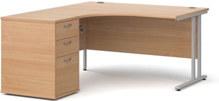 Office Monster | Maestro 25 Office Desk | Left Hand Corner Desk 1400mm With Pedestal | Beech Top With Silver Frame | Maestro 25 Maestro 25 Office Desk | Left Hand Corner Desk 1400mm With Pedestal | Beech Top With Silver Frame | Maestro 25