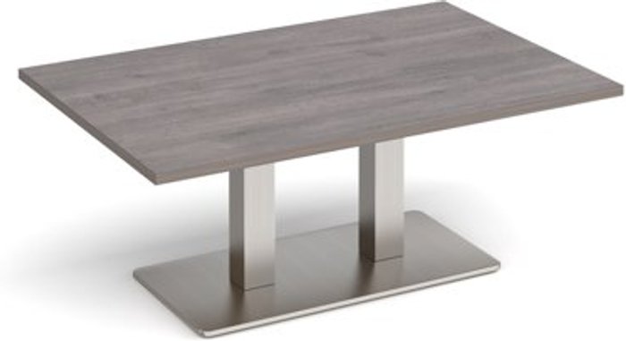 Office Monster | Eros Eros rectangular coffee table with flat brushed steel rectangular base and twin uprights 1200mm x 800mm - grey oak Eros Eros rectangular coffee table with flat brushed steel rectangular base and twin uprights 1200mm x 800mm - grey oak