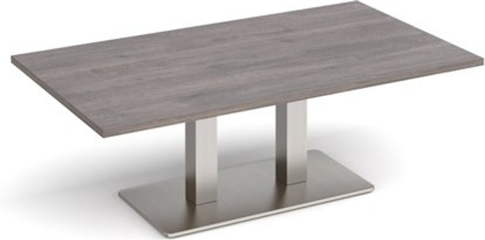 Office Monster | Eros Eros rectangular coffee table with flat brushed steel rectangular base and twin uprights 1400mm x 800mm - grey oak Eros Eros rectangular coffee table with flat brushed steel rectangular base and twin uprights 1400mm x 800mm - grey oak