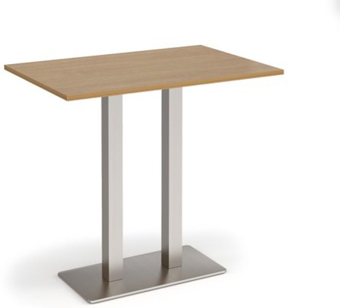 Office Monster | Eros Eros rectangular poseur table with flat brushed steel rectangular base and twin uprights 1200mm x 800mm - oak Eros Eros rectangular poseur table with flat brushed steel rectangular base and twin uprights 1200mm x 800mm - oak