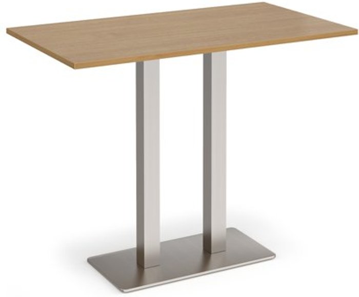 Office Monster | Eros Eros rectangular poseur table with flat brushed steel rectangular base and twin uprights 1400mm x 800mm - oak Eros Eros rectangular poseur table with flat brushed steel rectangular base and twin uprights 1400mm x 800mm - oak