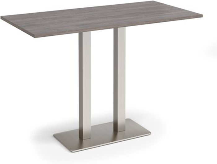 Office Monster | Eros Eros rectangular poseur table with flat brushed steel rectangular base and twin uprights 1600mm x 800mm - grey oak Eros Eros rectangular poseur table with flat brushed steel rectangular base and twin uprights 1600mm x 800mm - grey oak