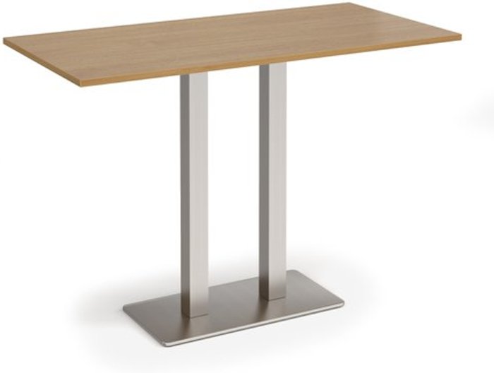 Office Monster | Eros Eros rectangular poseur table with flat brushed steel rectangular base and twin uprights 1600mm x 800mm - oak Eros Eros rectangular poseur table with flat brushed steel rectangular base and twin uprights 1600mm x 800mm - oak