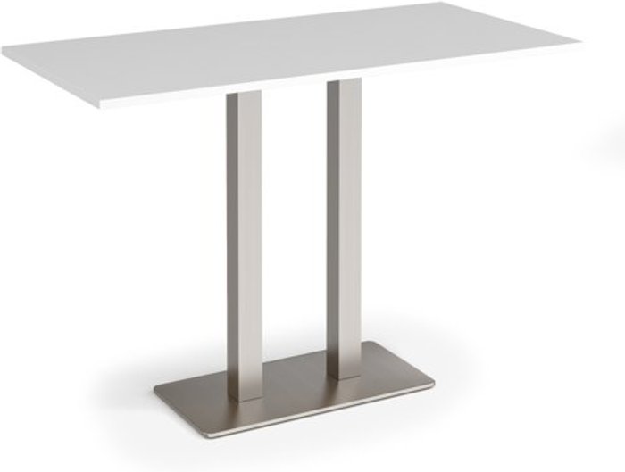Office Monster | Eros Eros rectangular poseur table with flat brushed steel rectangular base and twin uprights 1600mm x 800mm - white Eros Eros rectangular poseur table with flat brushed steel rectangular base and twin uprights 1600mm x 800mm - white