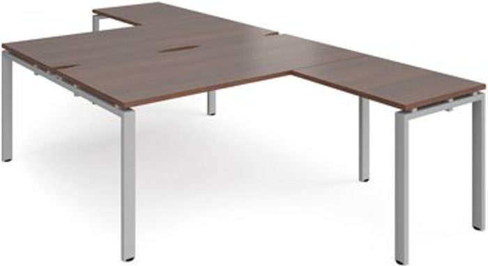 Office Monster | Adapt Bench Desk | 2 Person With Return Desks 1600mm | Walnut Tops With Silver Frames | Adapt Adapt Bench Desk | 2 Person With Return Desks 1600mm | Walnut Tops With Silver Frames | Adapt