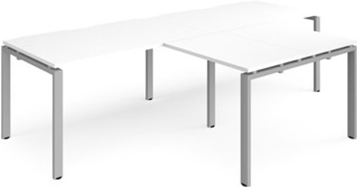 Office Monster | Adapt Bench Desk | 2 Person With Return Desks 2800mm | White Tops With Silver Frames | Adapt Adapt Bench Desk | 2 Person With Return Desks 2800mm | White Tops With Silver Frames | Adapt