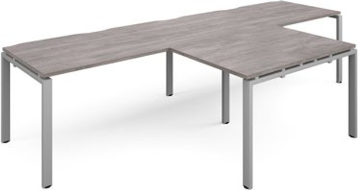 Office Monster | Adapt Adapt double straight desks 3200mm x 800mm with 800mm return desks - silver frame, grey oak top Adapt Adapt double straight desks 3200mm x 800mm with 800mm return desks - silver frame, grey oak top