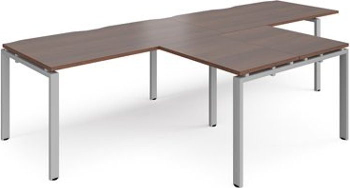 Office Monster | Adapt Bench Desk | 2 Person With Return Desks 3200mm | Walnut Tops With Silver Frames | Adapt Adapt Bench Desk | 2 Person With Return Desks 3200mm | Walnut Tops With Silver Frames | Adapt