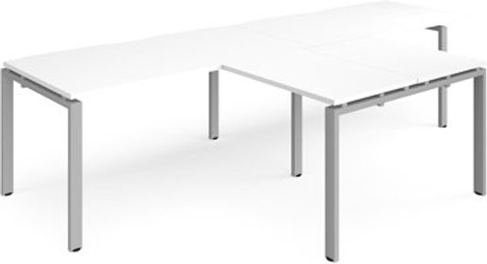 Office Monster | Adapt Bench Desk | 2 Person With Return Desks 3200mm | White Tops With Silver Frames | Adapt Adapt Bench Desk | 2 Person With Return Desks 3200mm | White Tops With Silver Frames | Adapt