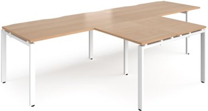Office Monster | Adapt Bench Desk | 2 Person With Return Desks 3200mm | Beech Tops With White Frames | Adapt Adapt Bench Desk | 2 Person With Return Desks 3200mm | Beech Tops With White Frames | Adapt