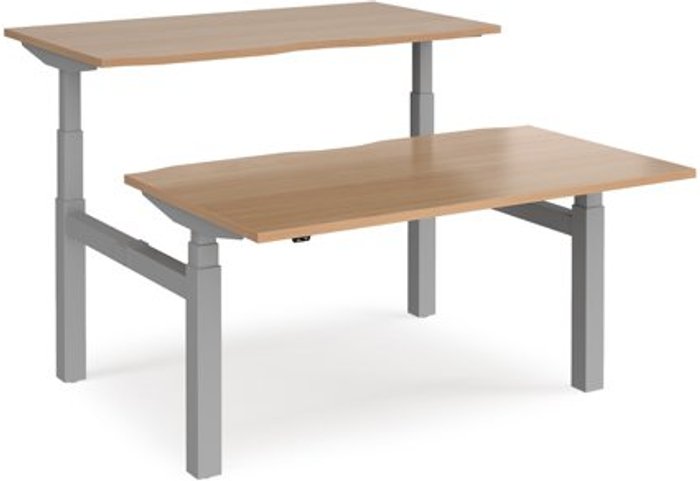 Office Monster | Elev8 Height Adjustable Desk | Back To Back Rectangular Desks 1400mm | Beech Tops With Silver Frames | Elev8 Touch Elev8 Height Adjustable Desk | Back To Back Rectangular Desks 1400mm | Beech Tops With Silver Frames | Elev8 Touch