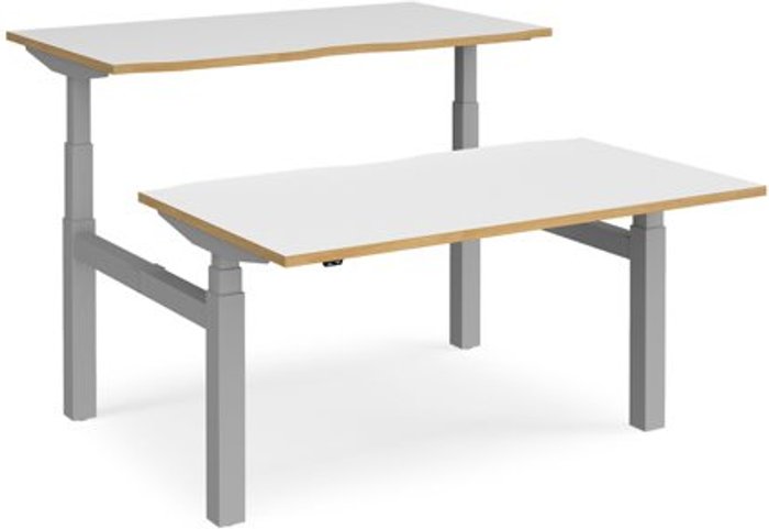 Office Monster | Elev8 Height Adjustable Desk | Back To Back Rectangular Desks 1400mm | White/Oak Tops With Silver Frames | Elev8 Touch Elev8 Height Adjustable Desk | Back To Back Rectangular Desks 1400mm | White/Oak Tops With Silver Frames | Elev8 Touch