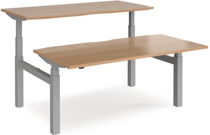 Office Monster | Elev8 Height Adjustable Desk | Back To Back Rectangular Desks 1600mm | Beech Tops With Silver Frames | Elev8 Touch Elev8 Height Adjustable Desk | Back To Back Rectangular Desks 1600mm | Beech Tops With Silver Frames | Elev8 Touch
