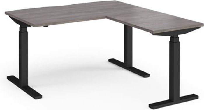 Office Monster | Elev8 Elev8 Touch sit-stand desk 1400mm x 800mm with 800mm return desk - black frame, grey oak top Elev8 Elev8 Touch sit-stand desk 1400mm x 800mm with 800mm return desk - black frame, grey oak top