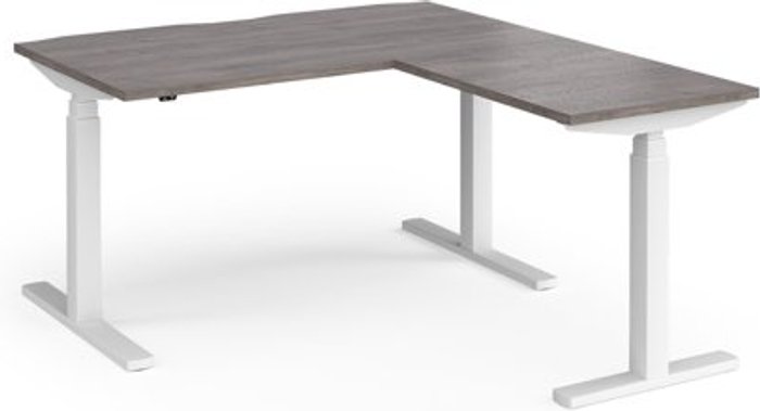 Office Monster | Elev8 Elev8 Touch sit-stand desk 1400mm x 800mm with 800mm return desk - white frame, grey oak top Elev8 Elev8 Touch sit-stand desk 1400mm x 800mm with 800mm return desk - white frame, grey oak top