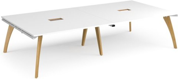 Office Monster | Fuze Fuze rectangular boardroom table 3200mm x 1600mm with 2 cutouts 272mm x 132mm with oak legs - white underframe, white top Fuze Fuze rectangular boardroom table 3200mm x 1600mm with 2 cutouts 272mm x 132mm with oak legs - white underframe, white top