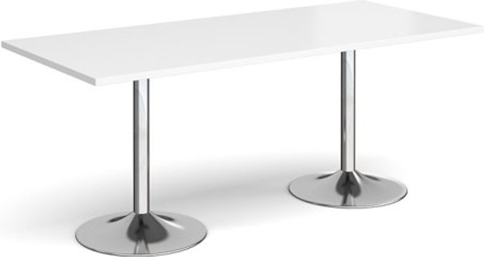 Office Monster | Genoa Genoa rectangular dining table with chrome trumpet base 1800mm x 800mm - white Genoa Genoa rectangular dining table with chrome trumpet base 1800mm x 800mm - white