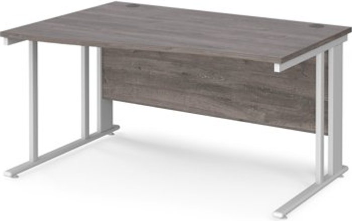 Office Monster | Maestro 25 Maestro 25 left hand wave desk 1400mm wide - white cable managed leg frame, grey oak top Maestro 25 Maestro 25 left hand wave desk 1400mm wide - white cable managed leg frame, grey oak top