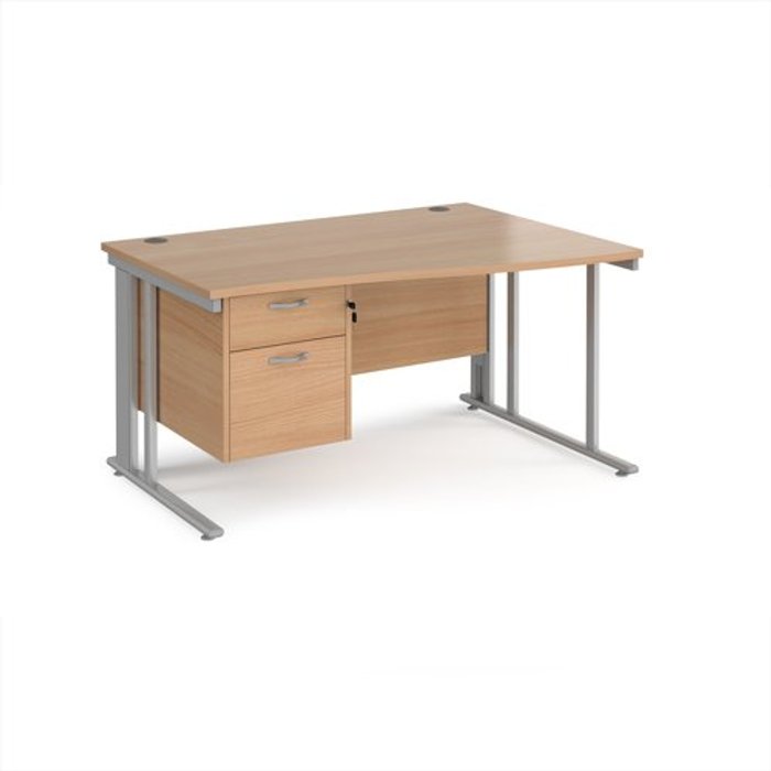 Office Monster | Maestro 25 Office Desk | Right Hand Wave Desk 1400mm With Pedestal | Beech Top With Silver Frame | Maestro 25 MCM14WRP2SB Maestro 25 Office Desk | Right Hand Wave Desk 1400mm With Pedestal | Beech Top With Silver Frame | Maestro 25 MCM14WRP2SB