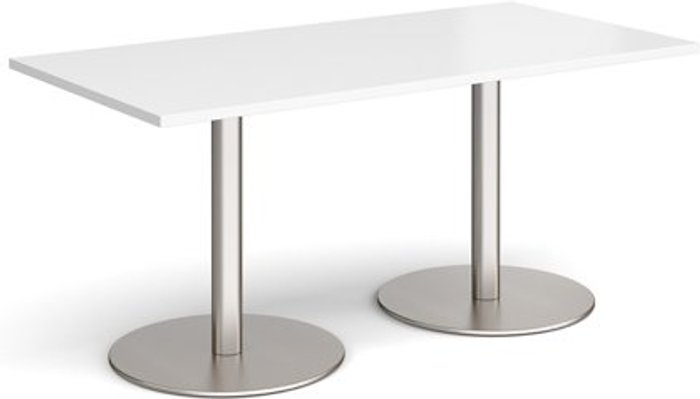Office Monster | Monza Monza rectangular dining table with flat round brushed steel bases 1600mm x 800mm - white Monza Monza rectangular dining table with flat round brushed steel bases 1600mm x 800mm - white