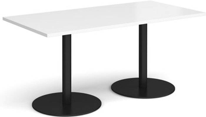 Office Monster | Monza Monza rectangular dining table with flat round black bases 1600mm x 800mm - white Monza Monza rectangular dining table with flat round black bases 1600mm x 800mm - white