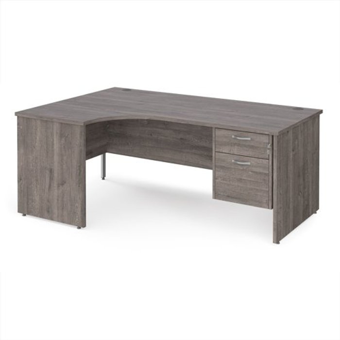 Office Monster | Maestro 25 Maestro 25 left hand ergonomic desk 1800mm wide with 2 drawer pedestal - grey oak top with panel end leg Maestro 25 Maestro 25 left hand ergonomic desk 1800mm wide with 2 drawer pedestal - grey oak top with panel end leg