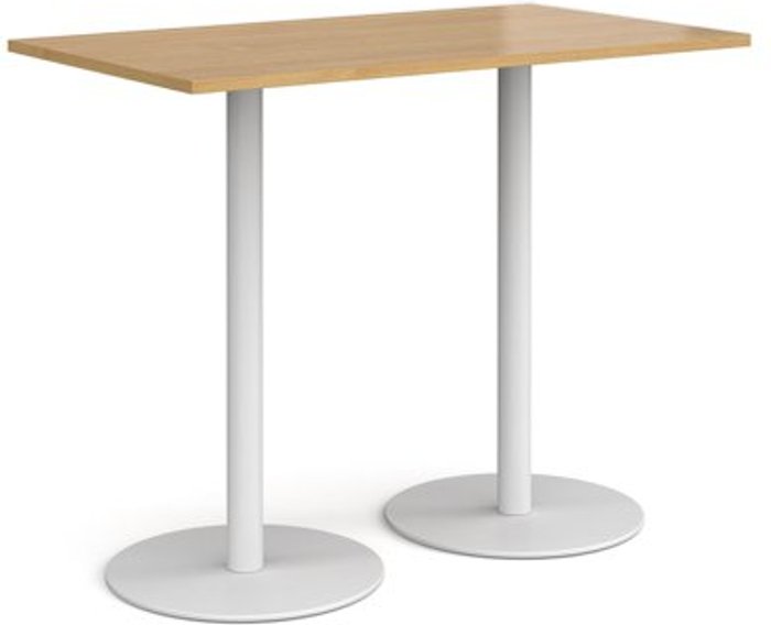 Office Monster | Monza Monza rectangular poseur table with flat round white bases 1400mm x 800mm - oak Monza Monza rectangular poseur table with flat round white bases 1400mm x 800mm - oak