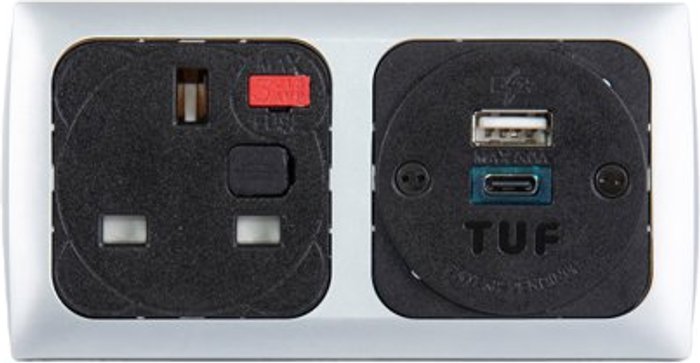 Office Monster | Proton Proton panel mounted power module 1 x UK socket, 1 x TUF (A&C connectors) USB charger - silver/black Proton Proton panel mounted power module 1 x UK socket, 1 x TUF (A&C connectors) USB charger - silver/black