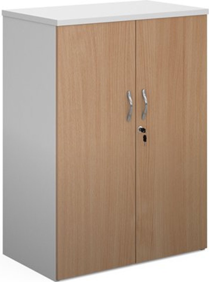 Office Monster | Duo Duo double door cupboard 1090mm high with 2 shelves - white with beech doors Duo Duo double door cupboard 1090mm high with 2 shelves - white with beech doors
