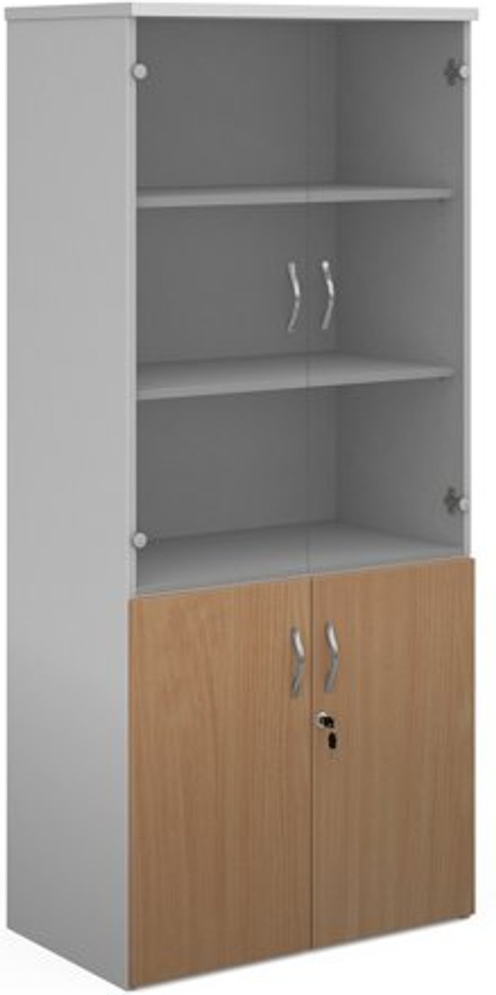 Office Monster | Duo Duo combination unit with glass upper doors 1790mm high with 4 shelves - white with beech lower doors Duo Duo combination unit with glass upper doors 1790mm high with 4 shelves - white with beech lower doors