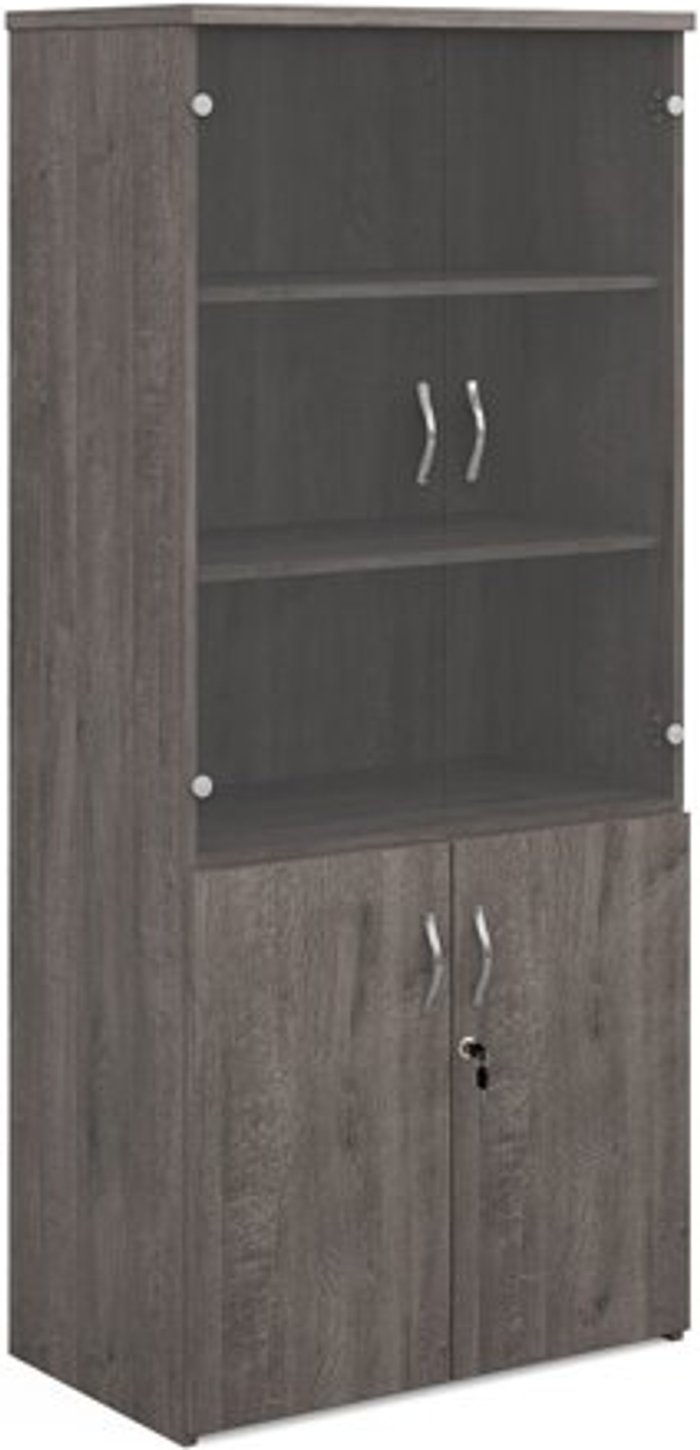 Office Monster | Universal Universal combination unit with glass upper doors 1790mm high with 4 shelves - grey oak Universal Universal combination unit with glass upper doors 1790mm high with 4 shelves - grey oak
