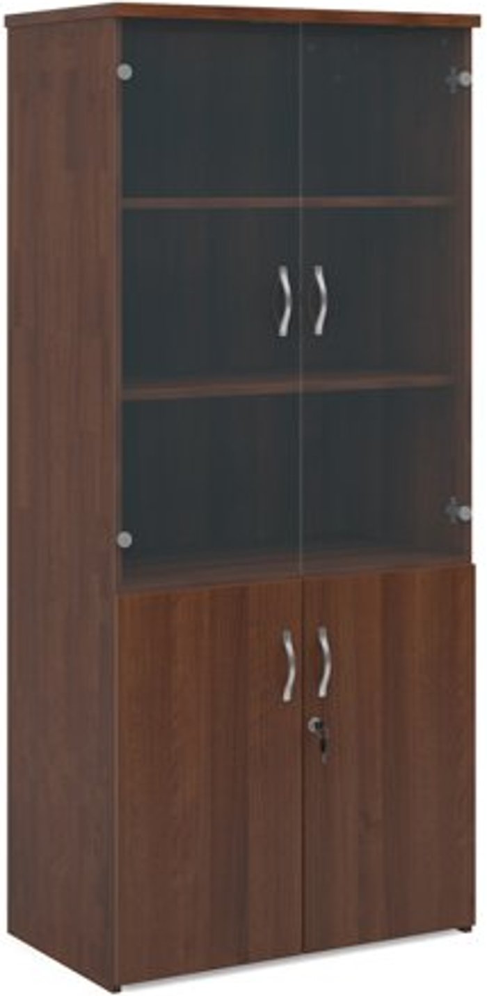 Office Monster | Universal Universal combination unit with glass upper doors 1790mm high with 4 shelves - walnut Universal Universal combination unit with glass upper doors 1790mm high with 4 shelves - walnut