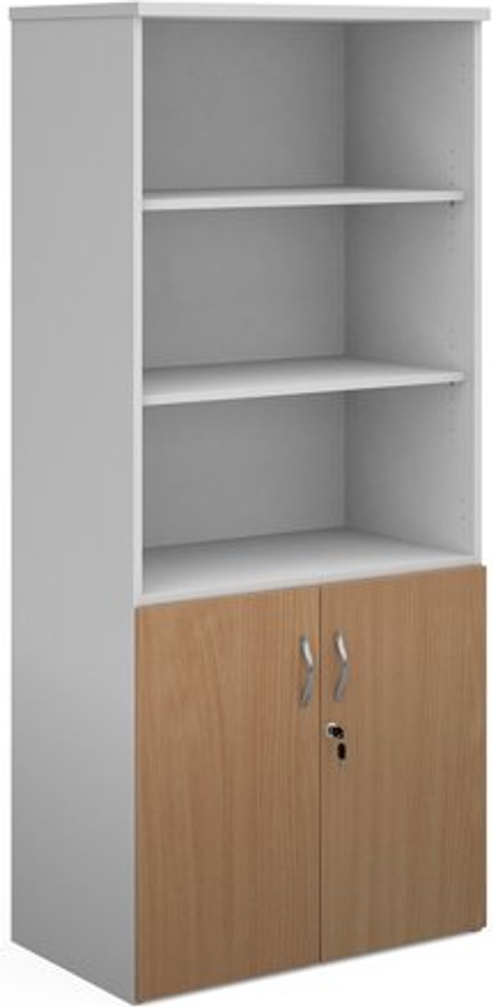 Office Monster | Duo Duo combination unit with open top 1790mm high with 4 shelves - white with beech lower doors Duo Duo combination unit with open top 1790mm high with 4 shelves - white with beech lower doors