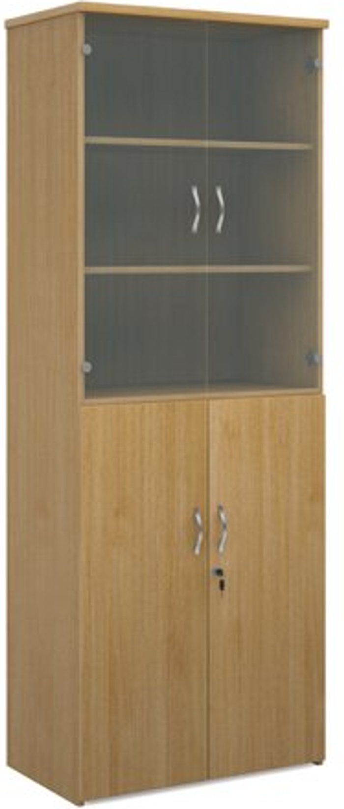 Office Monster | Universal Universal combination unit with glass upper doors 2140mm high with 5 shelves - oak Universal Universal combination unit with glass upper doors 2140mm high with 5 shelves - oak