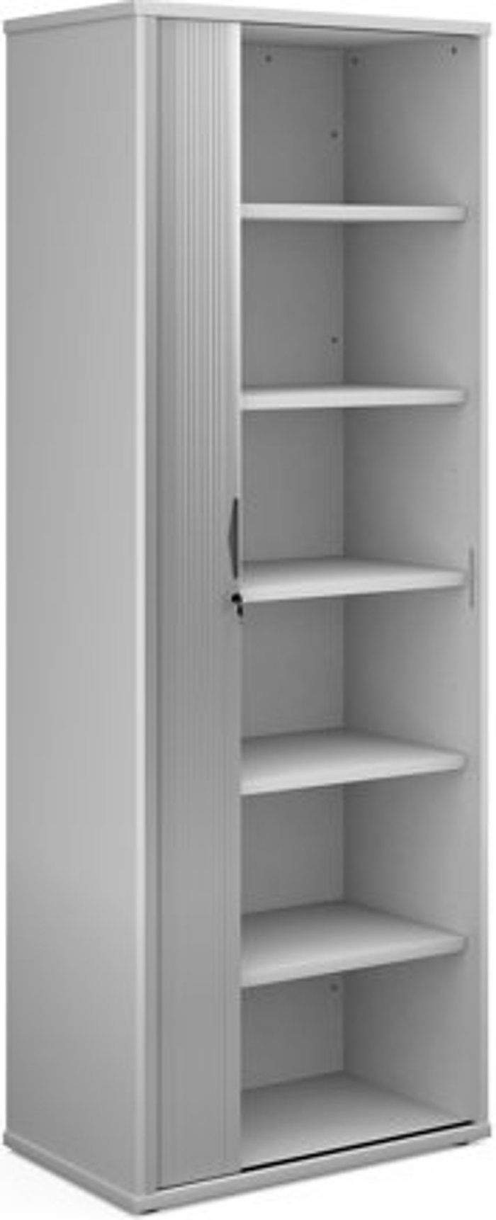 Office Monster | Universal Universal single door tambour cupboard 2140mm high with 5 shelves - white with silver door Universal Universal single door tambour cupboard 2140mm high with 5 shelves - white with silver door