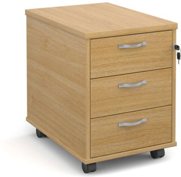 Office Monster | Maestro 25 Mobile 3 drawer pedestal with silver handles 600mm deep - oak Maestro 25 Mobile 3 drawer pedestal with silver handles 600mm deep - oak